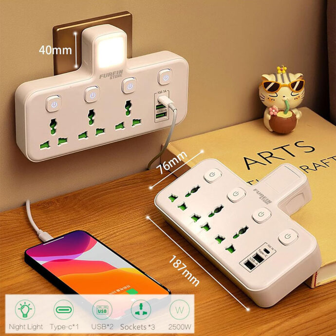 ⁦Multiprise électrique universelle 3 ports + 3 ports USB + Type-C⁩ - الصورة ⁦2⁩