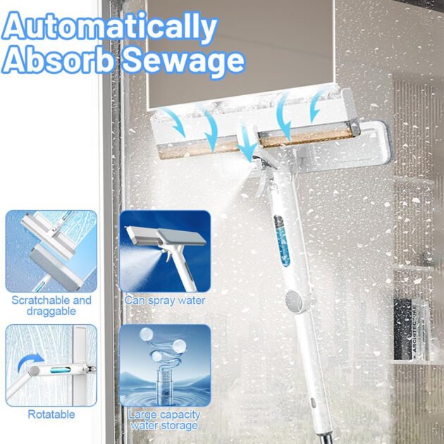 Raclette de fenêtre avec long manche et un spray de nettoyage 3 en 1