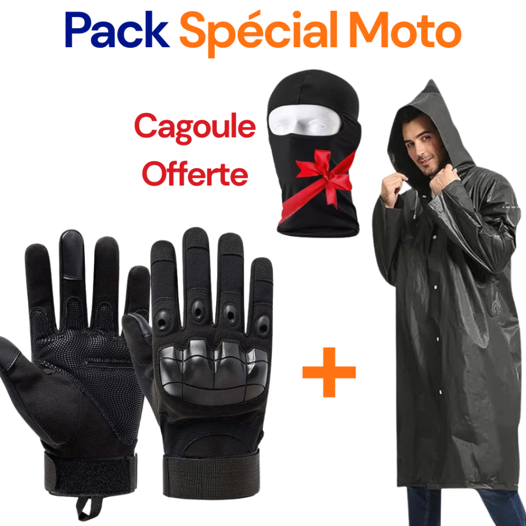 Pack Moto Manteau Imperméable avec Gants Tactiques Doigt Complet – Cagoule Offerte