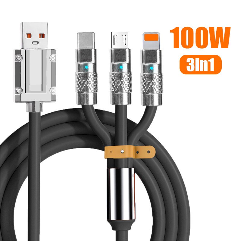 Câble de Charge Rapide Multi-Usage 3-en-1 – 100W, 1.2 m, Rotation 180°