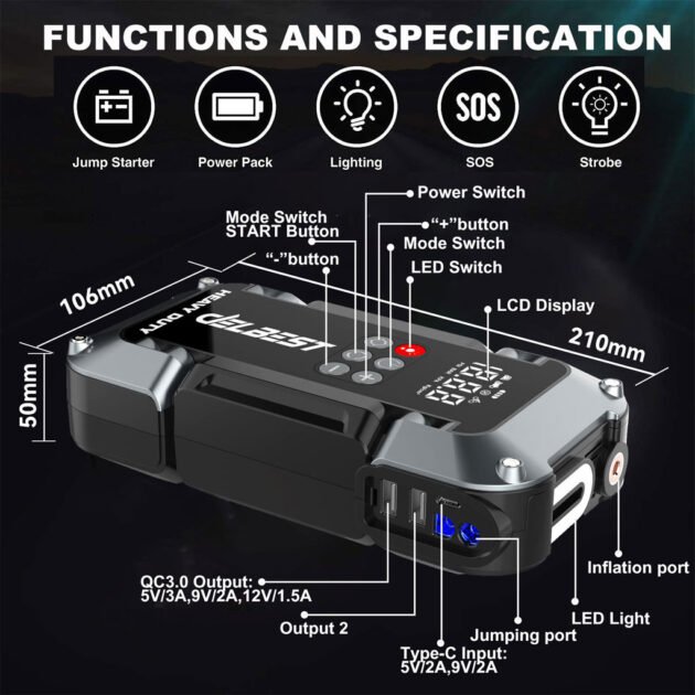 Compresseur Voiture Beetro BE0169 4-en-1 Avec Booster Batterie 26000Mah