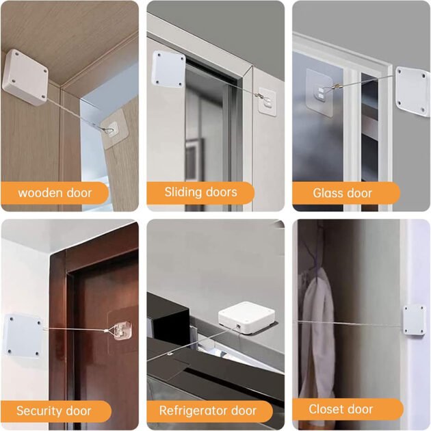 Ferme-Porte Universel Automatique – Sans Perçage, Câble Acier Inox, Force 1200g