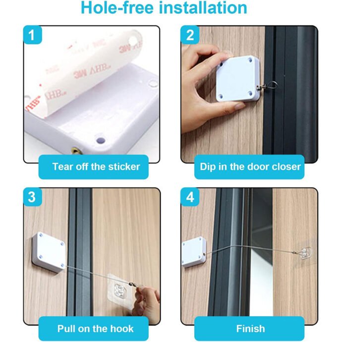 ⁦Ferme-Porte Universel Automatique – Sans Perçage, Câble Acier Inox, Force 1200g⁩ - الصورة ⁦3⁩