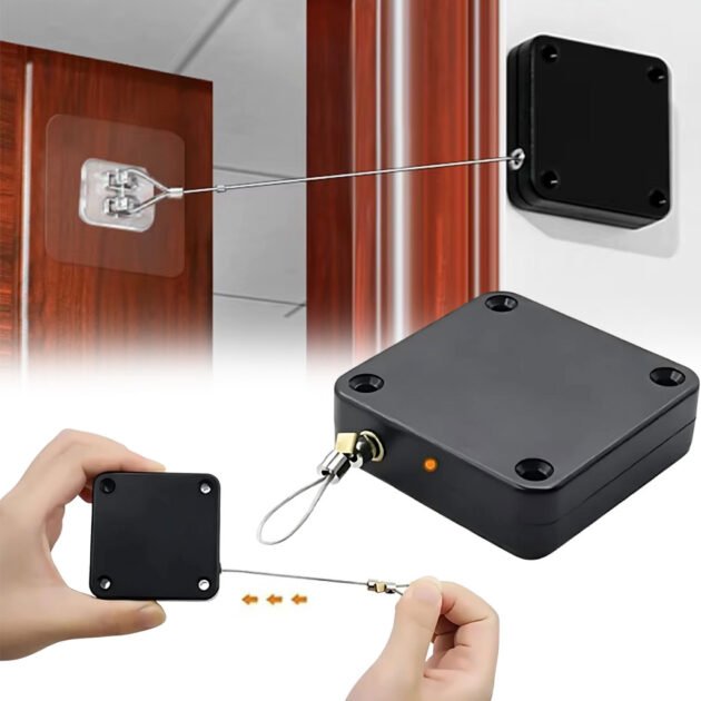 Ferme-Porte Universel Automatique – Sans Perçage, Câble Acier Inox, Force 1200g