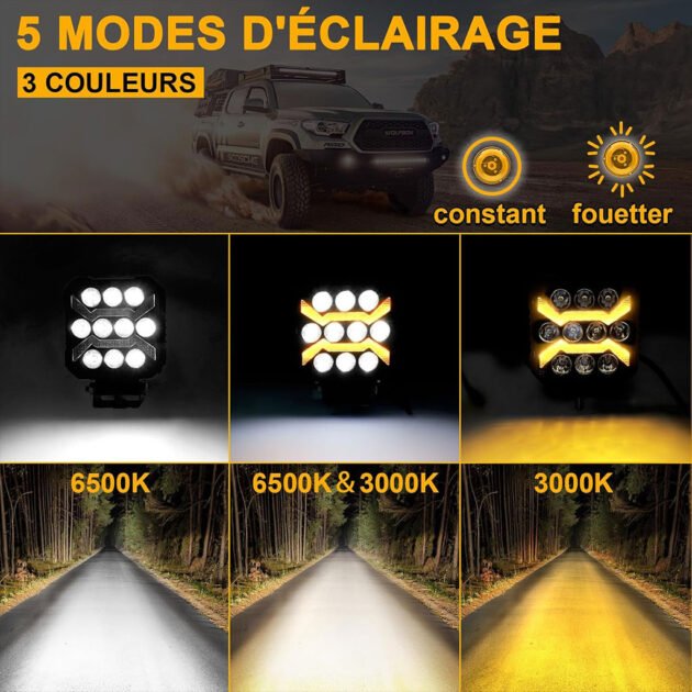 Phare LED Anti-brouillard avec 5 Modes d’éclairage 12V-24V IP68 étanche