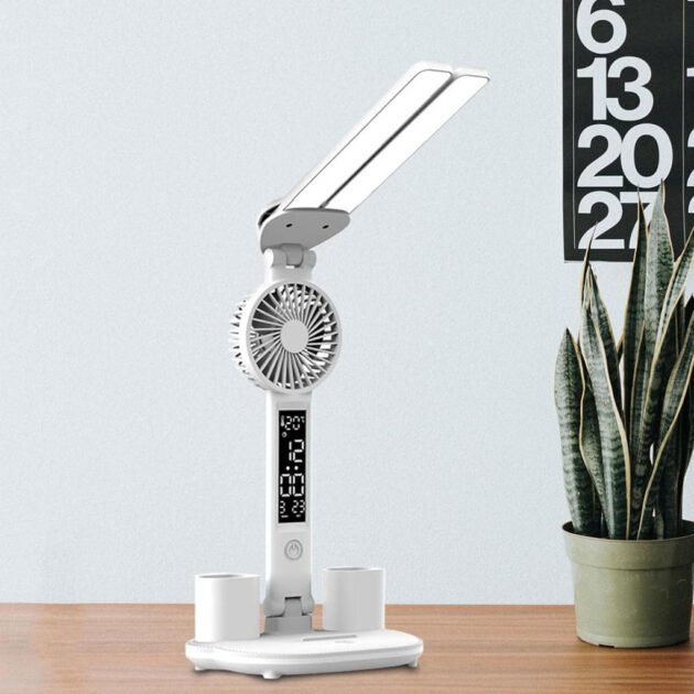 Lampe de Bureau LED Double Tête – Éclairez, Rafraîchissez et Organisez votre Espace