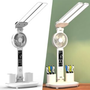 Lampe de Bureau LED Double Tête – Éclairez, Rafraîchissez et Organisez votre Espace