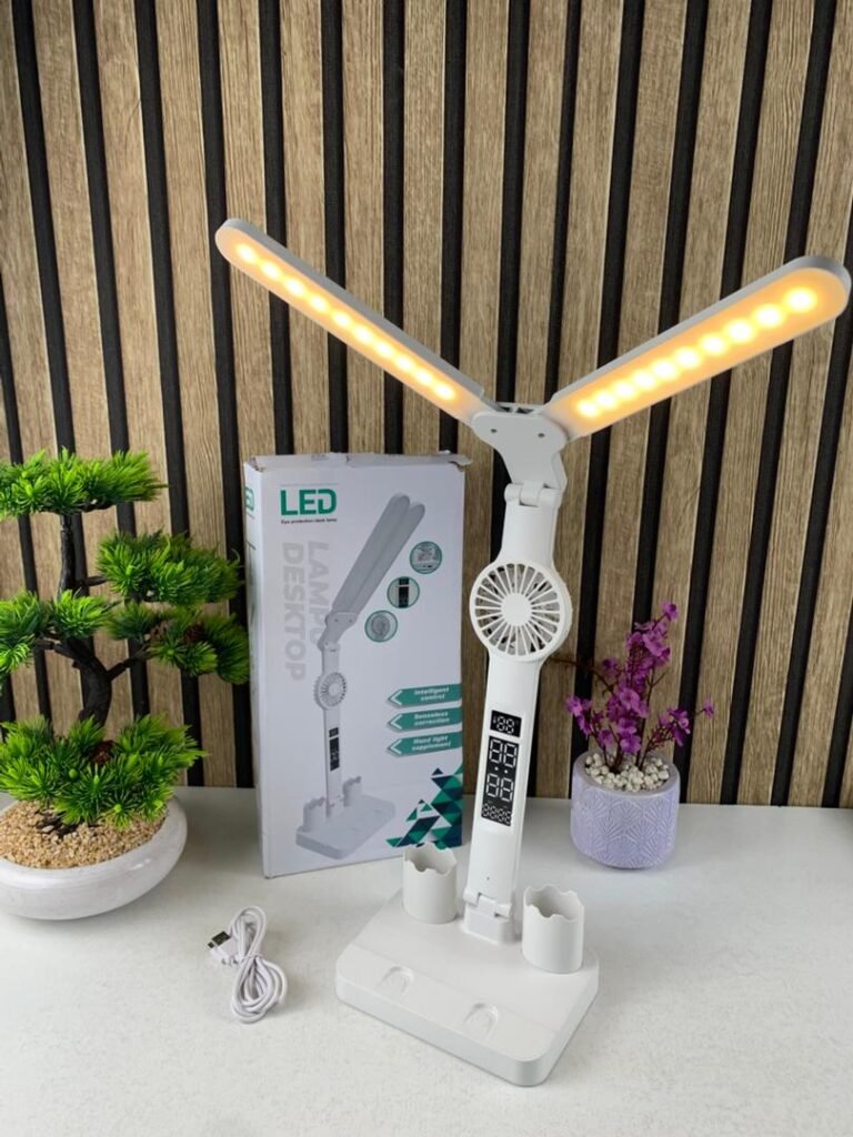 Lampe de Bureau LED Double Tête – Éclairez, Rafraîchissez et Organisez votre Espace