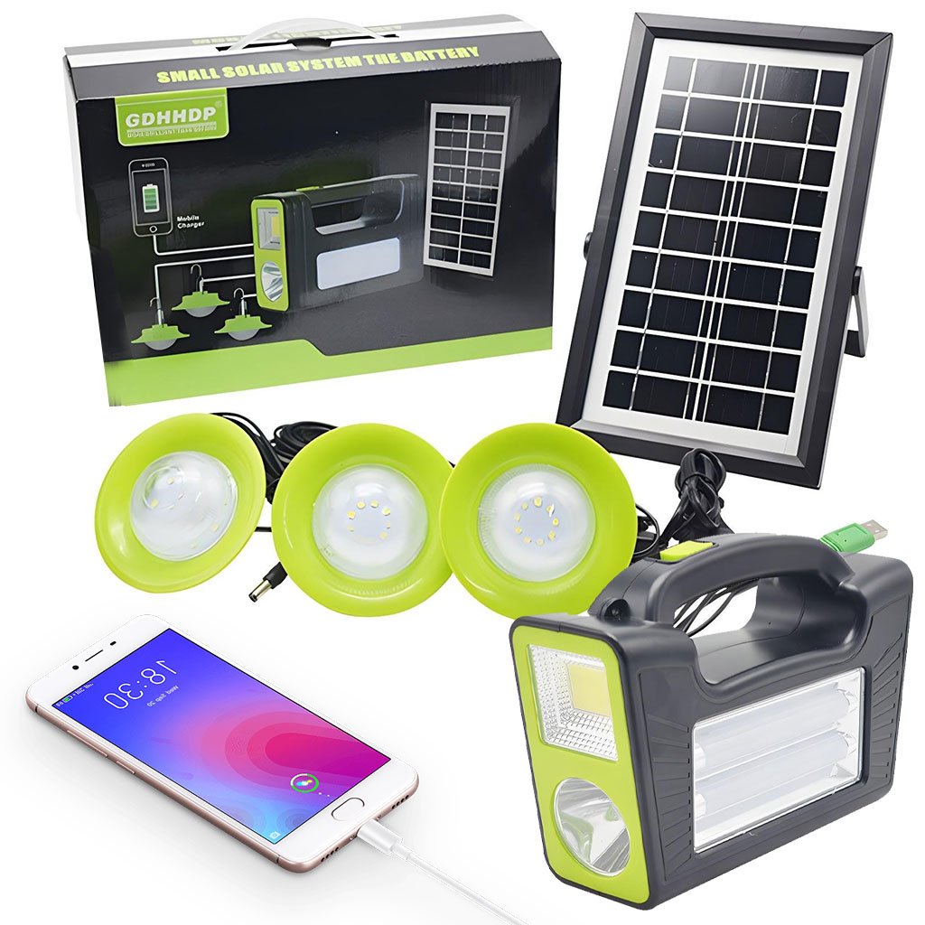 Kit Panneau Solaire Portable avec Torche LED Rechargeable et 3 Lampes – Éclairage Solaire Polyvalent pour Maison & Extérie