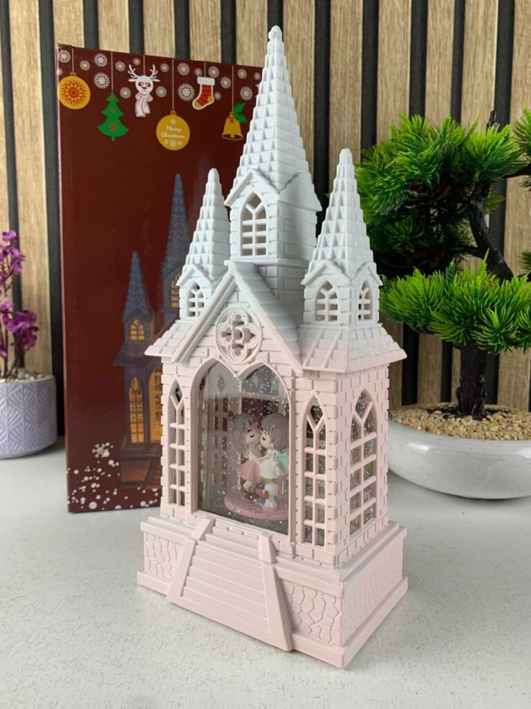 Château à Neige Lumineux avec Paillettes Tourbillonnantes – Magie et Élégance