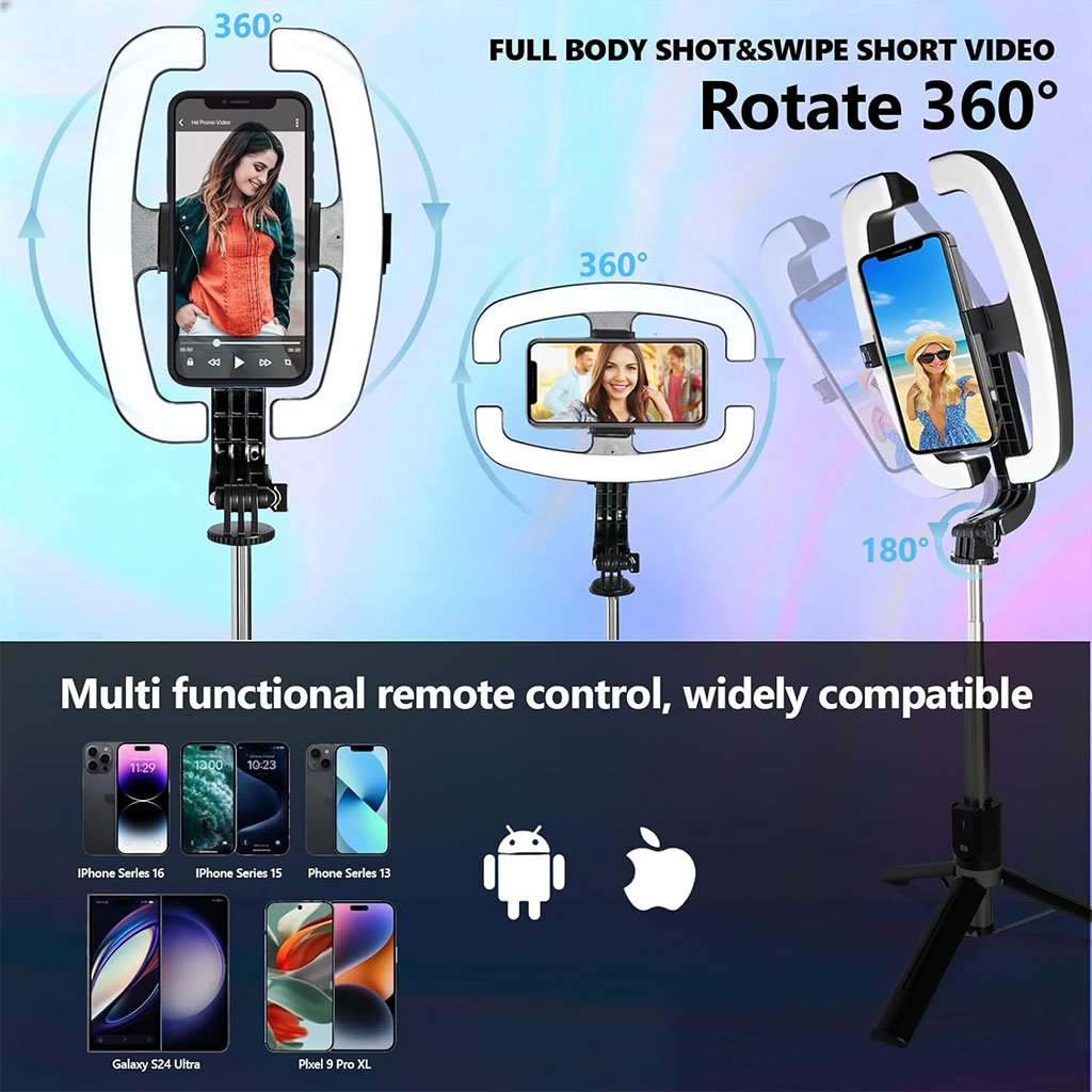 Perche à Selfie Extensible avec Support Téléphone & Lampe LED - الصورة 5