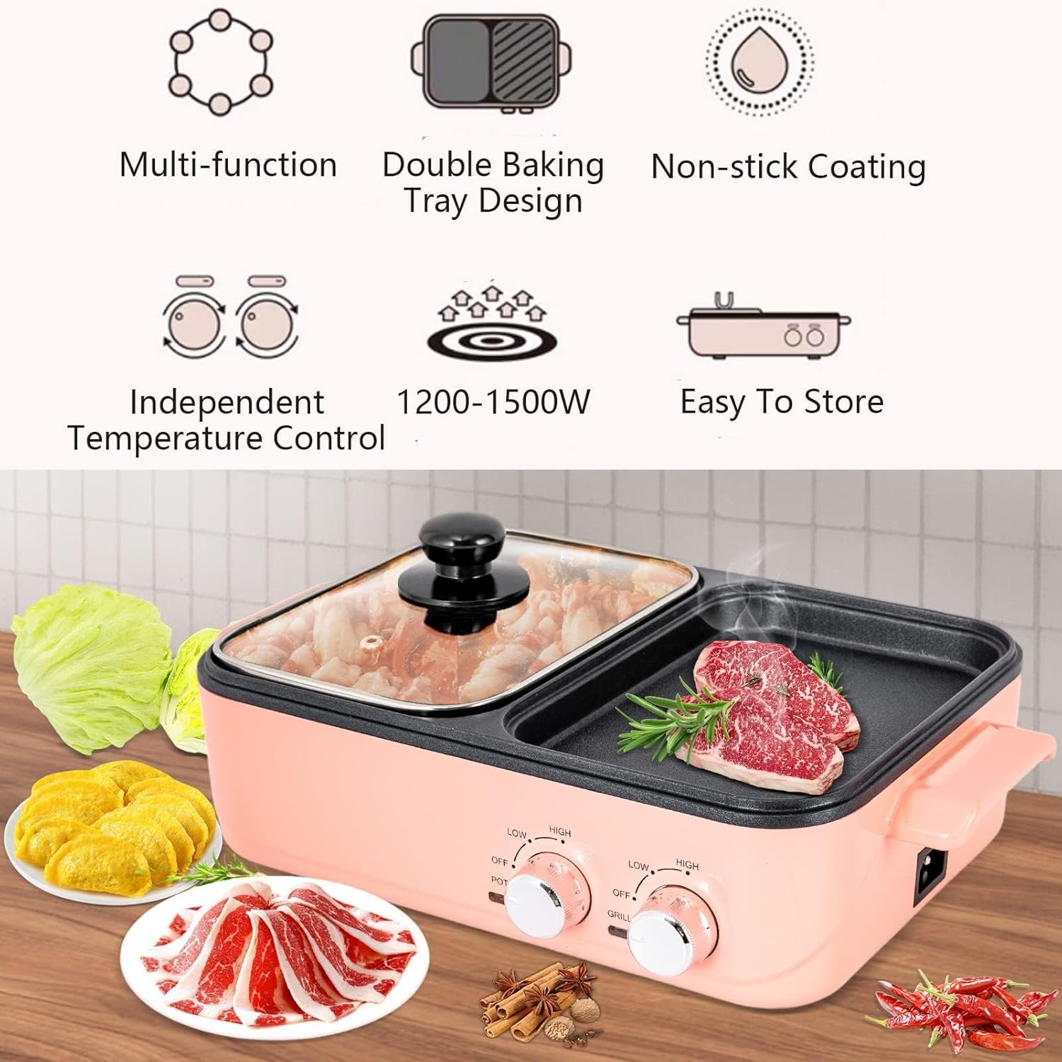 Cuiseur Électrique 2-en-1 Pot + Grill 1500W – Double Zone pour Une Cuisine Rapide, Saine & Polyvalente