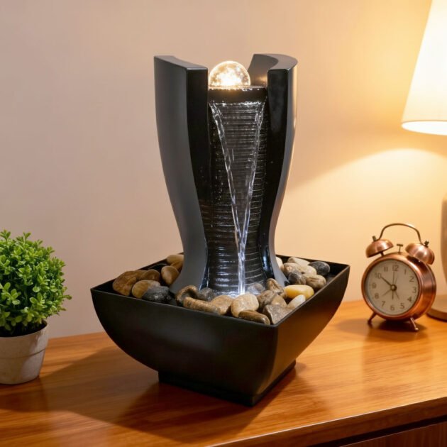 Fontaine à eau en forme de tour cascade avec boule de cristal et éclairage LED V6 Décor zen et lumineux – ambiance relaxante pour votre intérieur