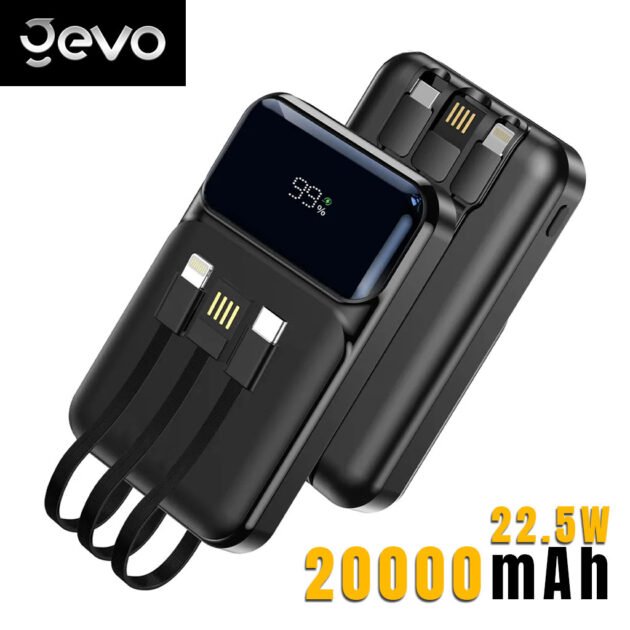 Power Bank Fast Charge Gevo 20000mAh avec Câbles Intégrés – Batterie Externe LCD Ultra-Rapide