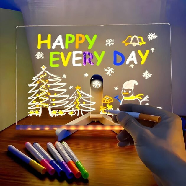 Tableau mémo LED avec stylo 7 couleurs et support LED lumineux avec stylo 7 couleurs et support