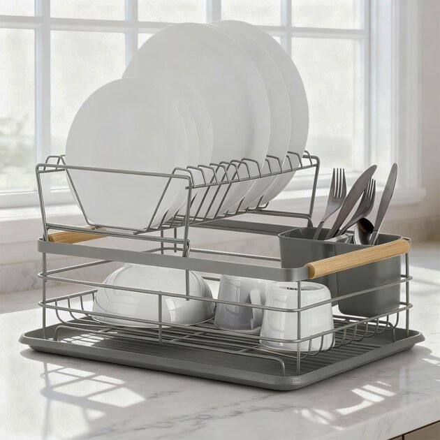 Égouttoir à vaisselle à deux niveaux avec plateau – L’élégance pratique pour votre cuisine