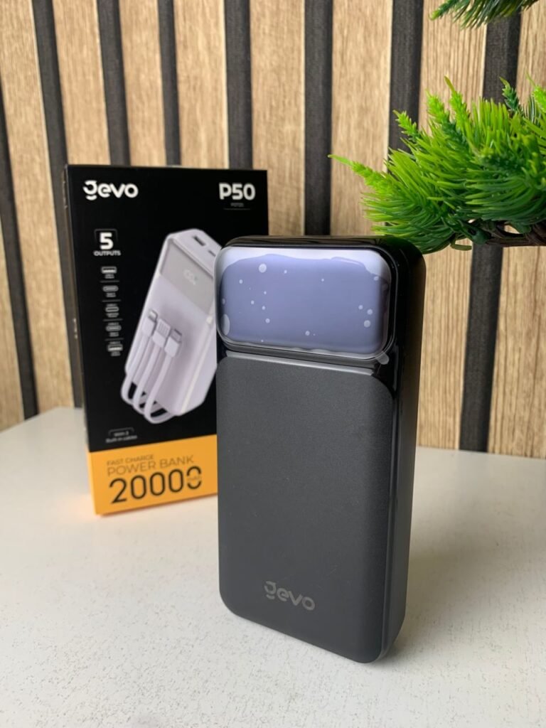 Power Bank Fast Charge Gevo 20000mAh avec Câbles Intégrés – Batterie Externe LCD Ultra-Rapide