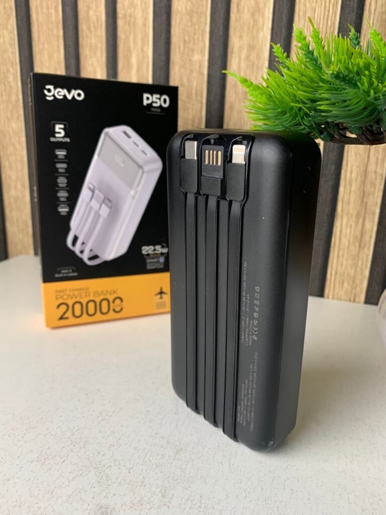 Power Bank Fast Charge Gevo 20000mAh avec Câbles Intégrés – Batterie Externe LCD Ultra-Rapide