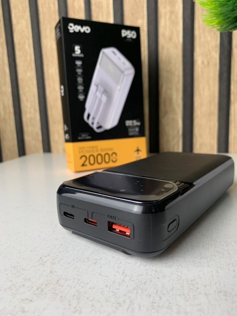 Power Bank Fast Charge Gevo 20000mAh avec Câbles Intégrés – Batterie Externe LCD Ultra-Rapide