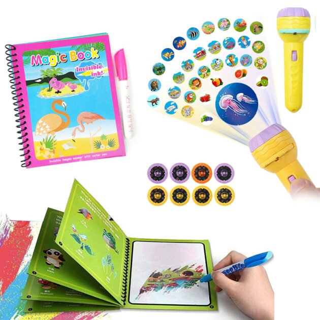 Pack Magic Book Réutilisable + Projecteur Enfants 24 Motifs – Créativité, couleurs et amusement sans limites