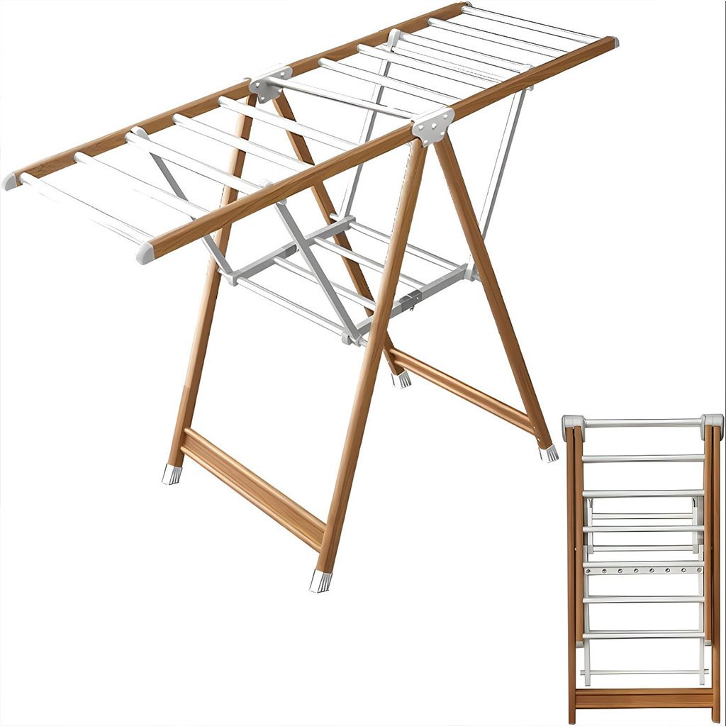 Sèche-Linge Aluminium Pliable à 4 Roues – Design Bois & Séchage Grande Capacité - الصورة 3