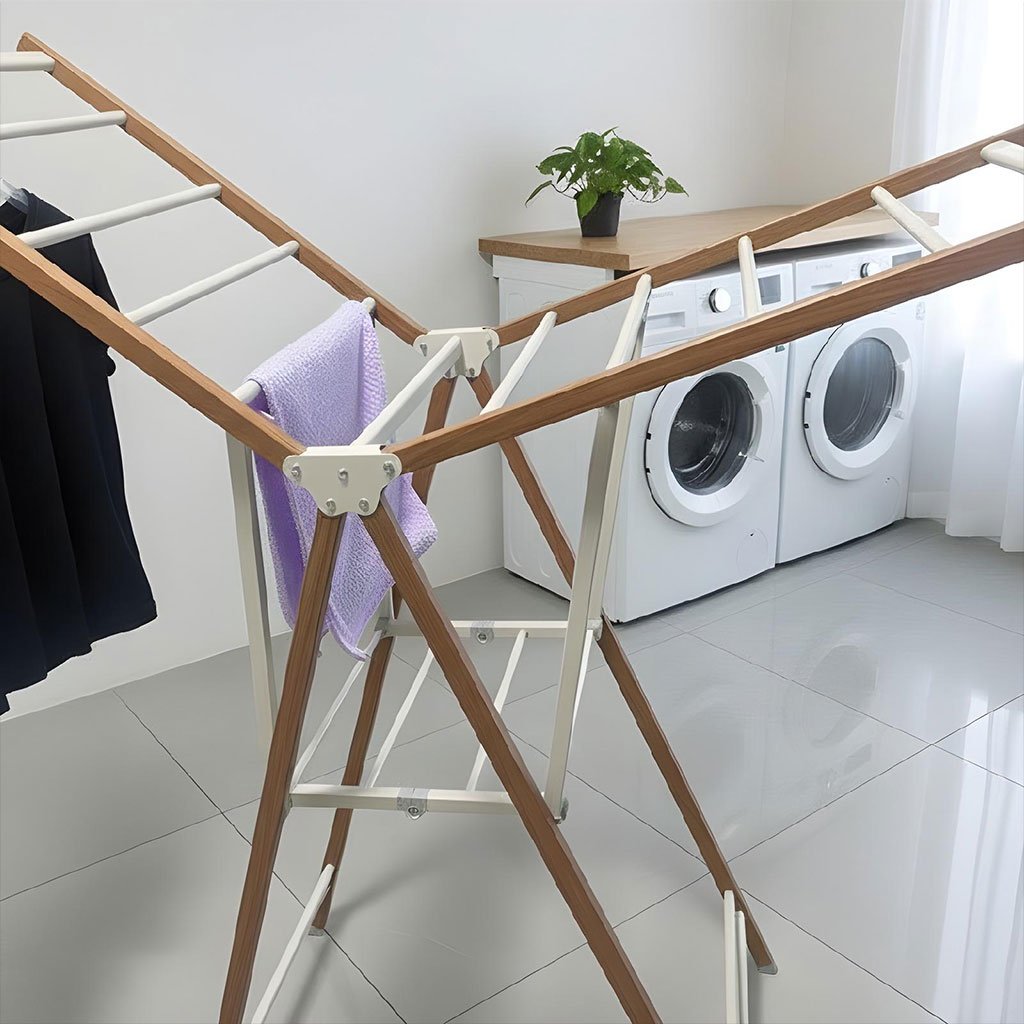 Sèche-Linge Aluminium Pliable à 4 Roues – Design Bois & Séchage Grande Capacité - الصورة 5