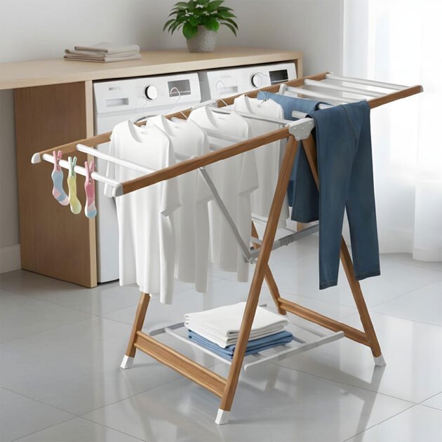 Sèche-Linge Aluminium Pliable à 4 Roues – Design Bois & Séchage Grande Capacité