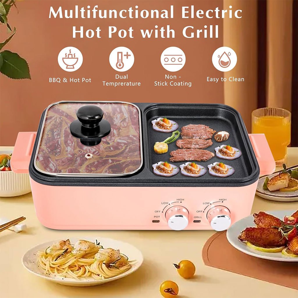 Cuiseur Électrique 2-en-1 Pot + Grill 1500W – Double Zone pour Une Cuisine Rapide, Saine & Polyvalente - الصورة 3