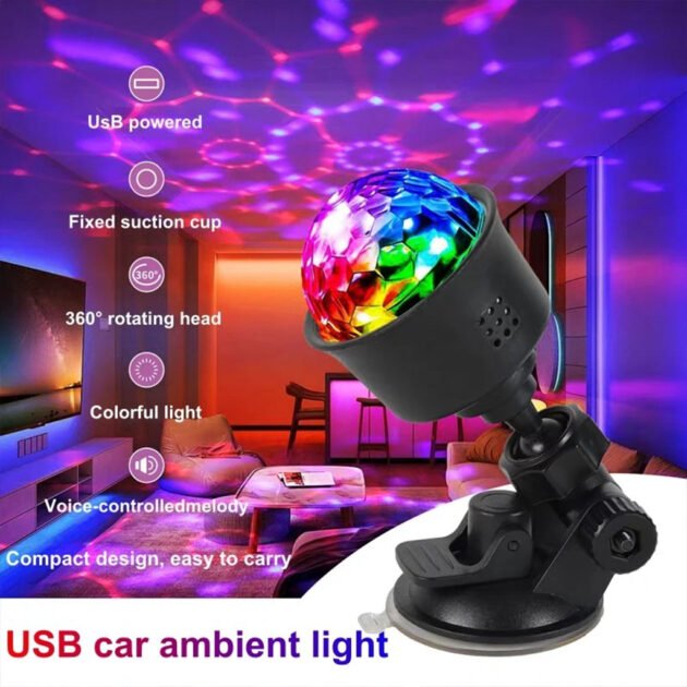 Lampe d’ambiance LED USB RGB pour voiture à rotation automatique – Ambiance lumineuse immersive et festive