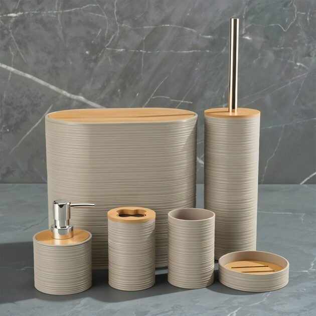 Set d’Accessoires de Salle de Bain 6 Pièces avec Bambou – Organisation Moderne & Élégance Naturelle