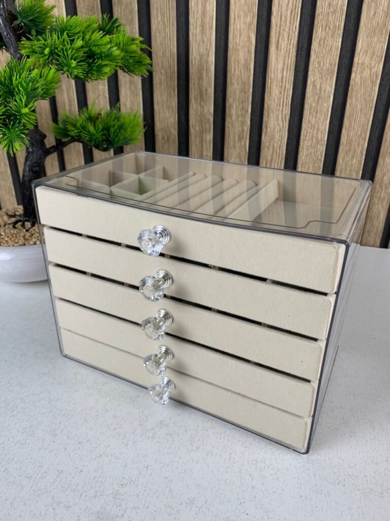 Boîte/organisateur à bijoux à 5 tiroirs avec couvercle transparent et intérieur velours