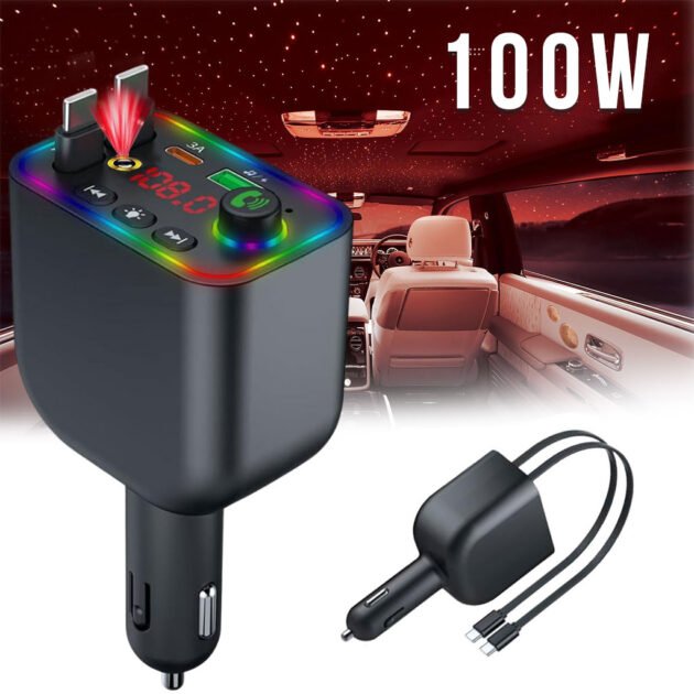 Chargeur de voiture rapide 100W rétractable 4-en-1 & Transmetteur FM à projection étoilée – La station multimédia ultime pour votre voiture