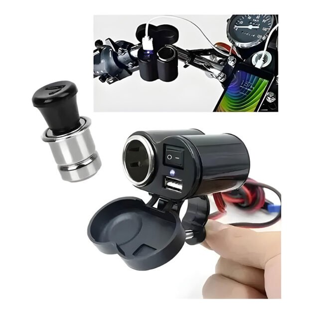 Prise allume-cigare + chargeur USB pour moto 12–24V avec fixation guidon et LED