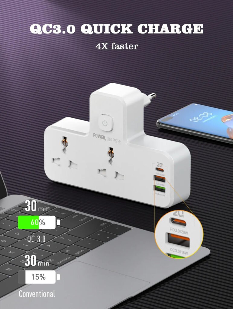 Prise de Charge Rapide Multifonctionnelle – QC 3.0 & Veilleuse LED