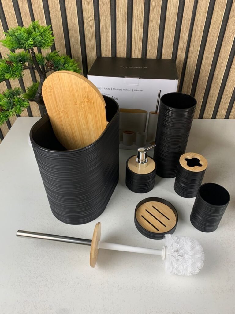 Set d’Accessoires de Salle de Bain 6 Pièces avec Bambou – Organisation Moderne & Élégance Naturelle