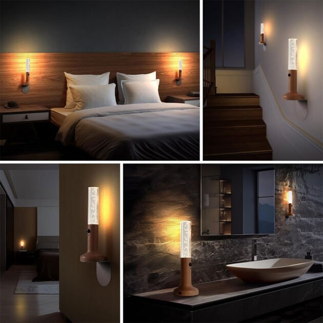 Applique murale rechargeable en bois avec détecteur de mouvement effet glow – Éclairez vos nuits avec style et intelligence