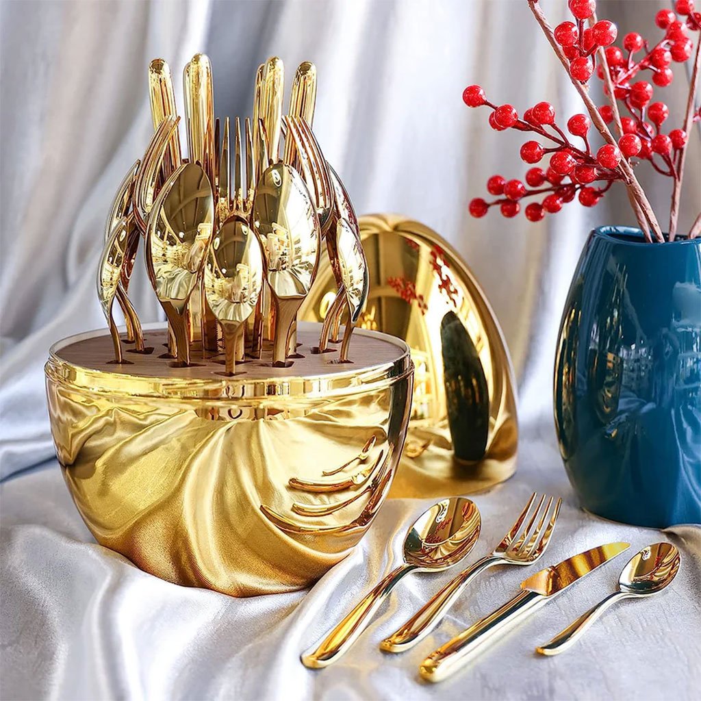 Série Ensemble de Couverts Créatifs en Forme d’Œuf Dorée (24 pcs) – L’élégance dorée pour une table d’exception - الصورة 2