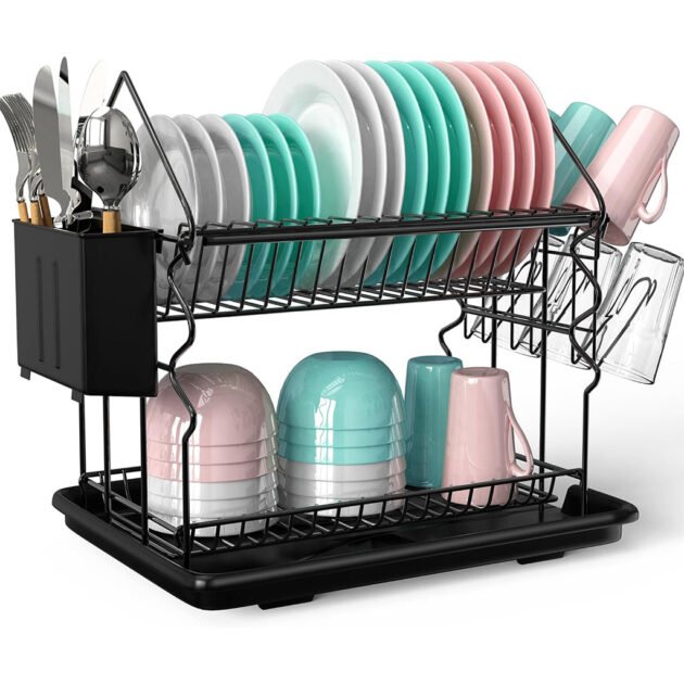 Égouttoir vaisselle compact anti-rouille avec porte-assiettes, porte-tasses et système de drainage