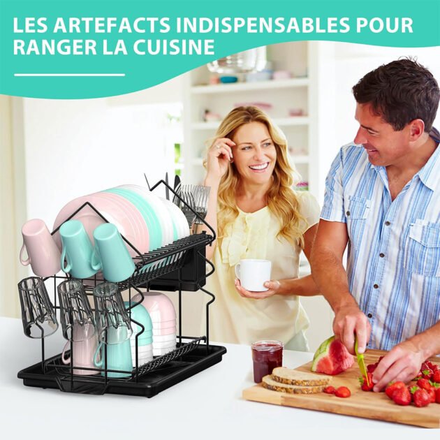 Égouttoir vaisselle compact anti-rouille avec porte-assiettes, porte-tasses et système de drainage