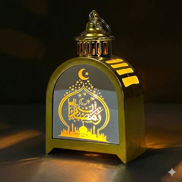 Lanterne de Ramadan Dorée LED Design Traditionnel avec Silhouette – Une touche dorée pour sublimer vos nuits de Ramadan