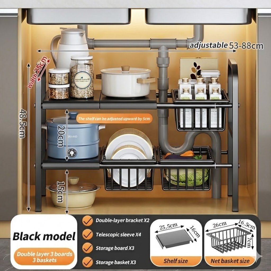 Étagère de Rangement Extensible 2 Niveaux – Organisation Intelligente & Gain de Place Optimal