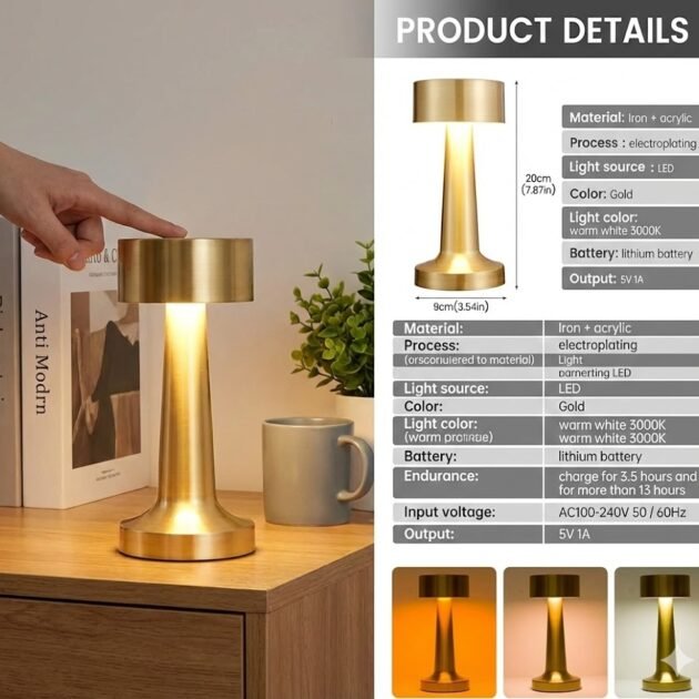 Lampe de Table LED Sans Fil à Capteur Tactile – Éclairage Dimmable Élégant & Protection des Yeux