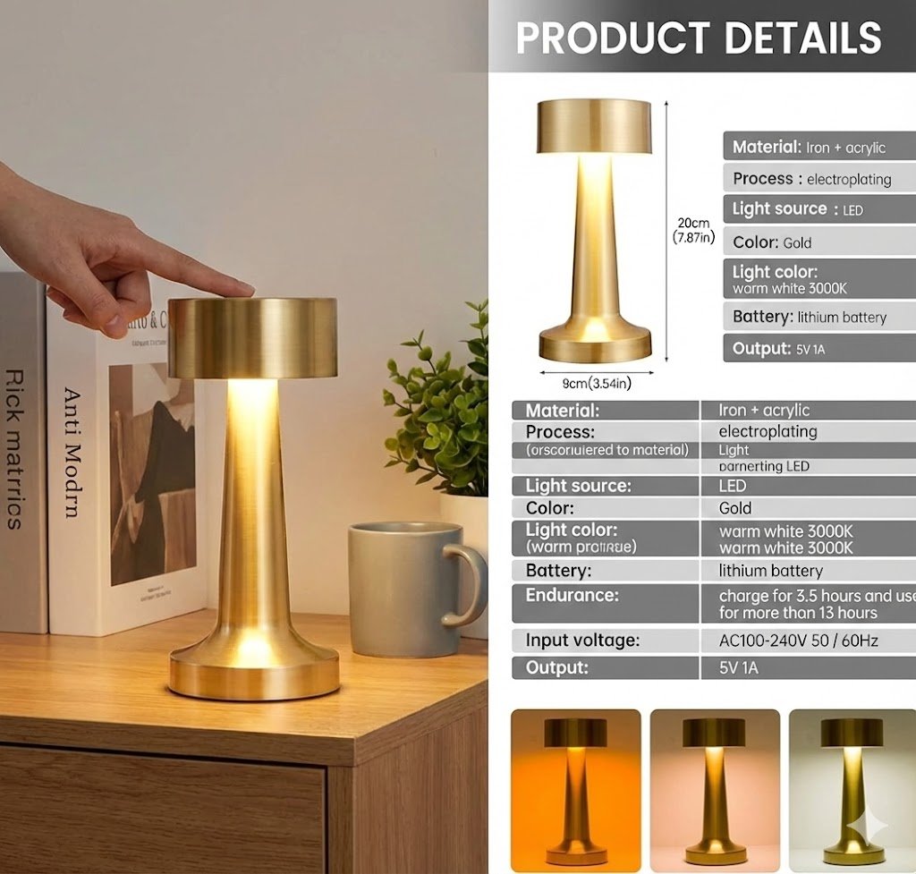 Lampe de Table LED Sans Fil à Capteur Tactile – Éclairage Dimmable Élégant & Protection des Yeux