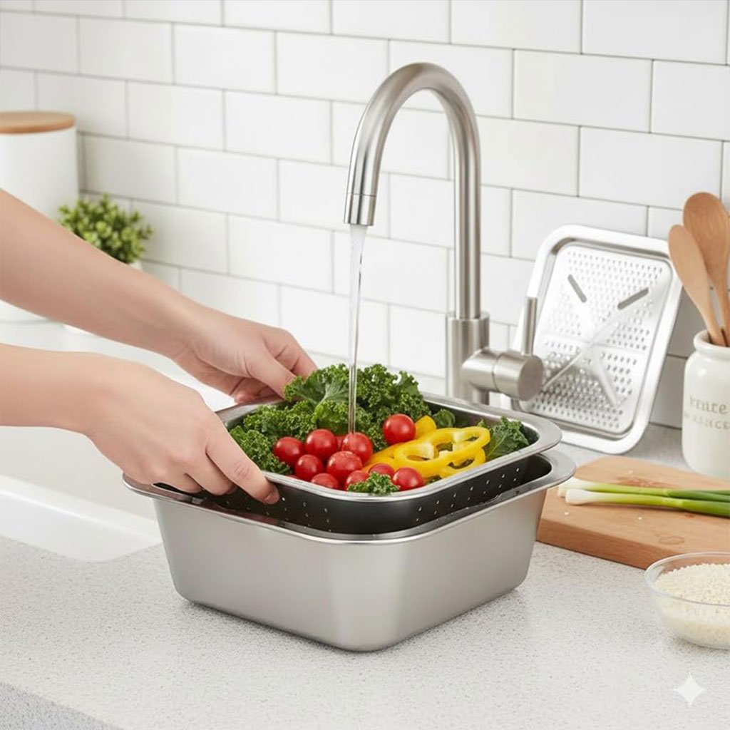 Râpe Multifonctionnelle Delaval en Acier Inoxydable 3EN1 avec Panier d’Égouttage - الصورة 3