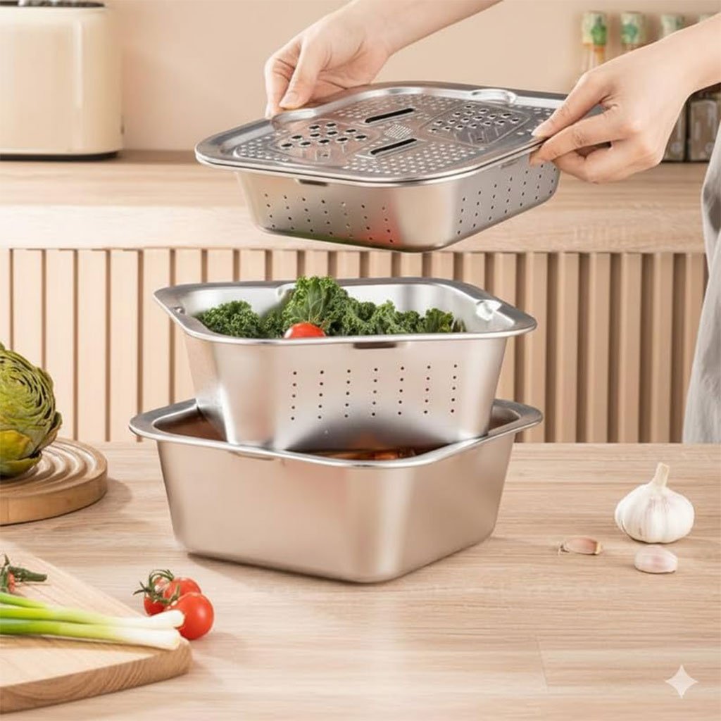 Râpe Multifonctionnelle Delaval en Acier Inoxydable 3EN1 avec Panier d’Égouttage