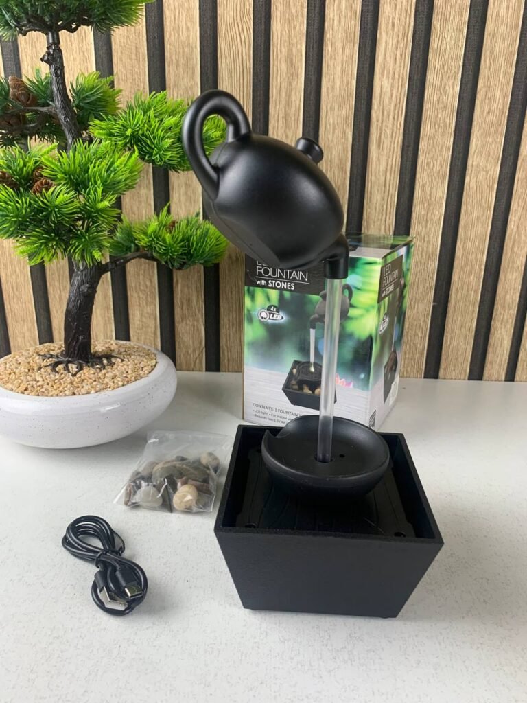 Fontaine Théière Flottante avec Lumières LED & Pierres – Décoration Zen de Table