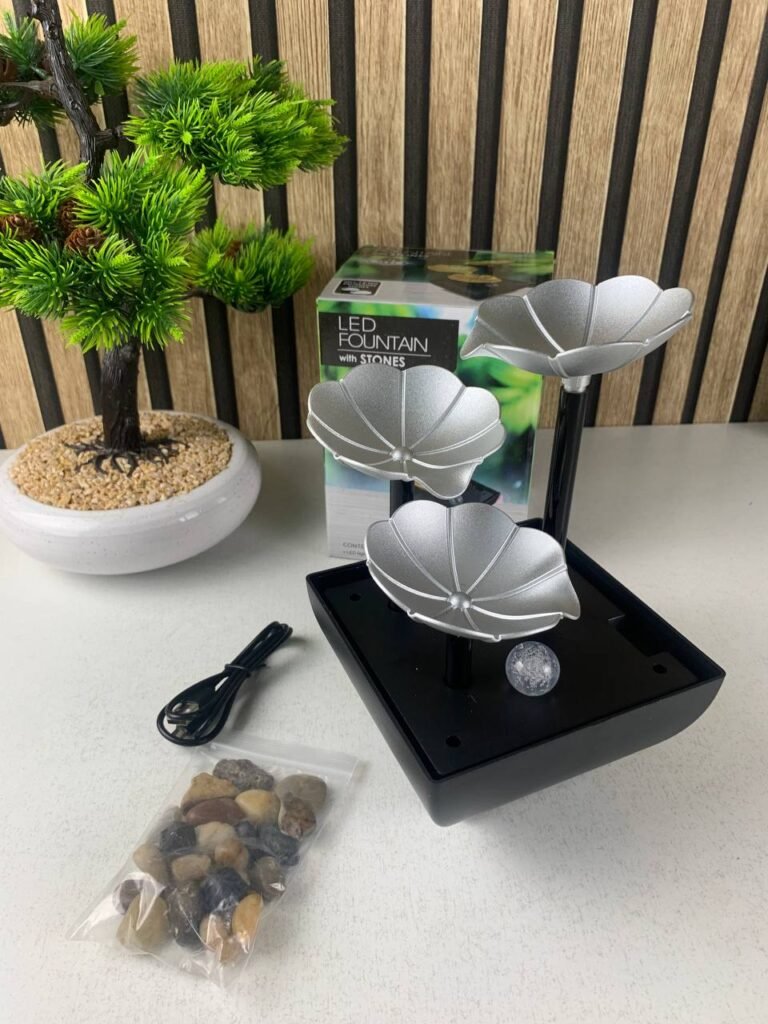 Fontaine Décorative en Forme de Pétales 3 Niveaux avec LED & Pierres – Cascade Zen de Table