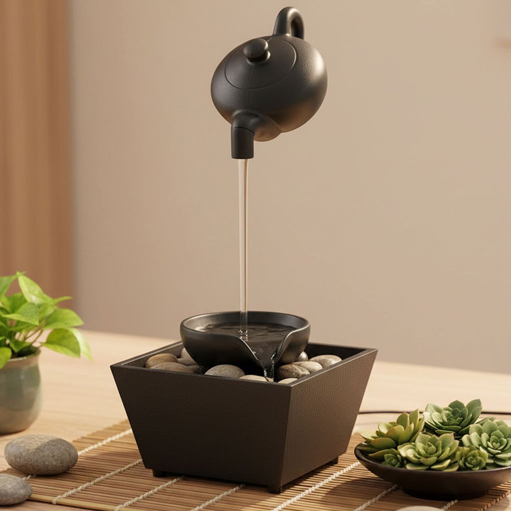Fontaine Théière Flottante avec Lumières LED & Pierres – Décoration Zen de Table