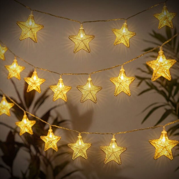 Guirlande Lumineuse Étoiles Dorées 16 LED – Maillage Métallique Élégant