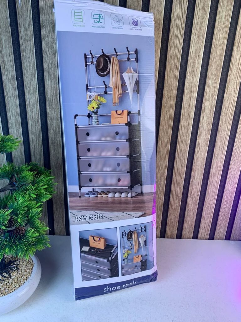 Porte-Chaussures 3 Niveaux avec 8 Crochets Doubles – Organisateur d’Entrée Multifonction